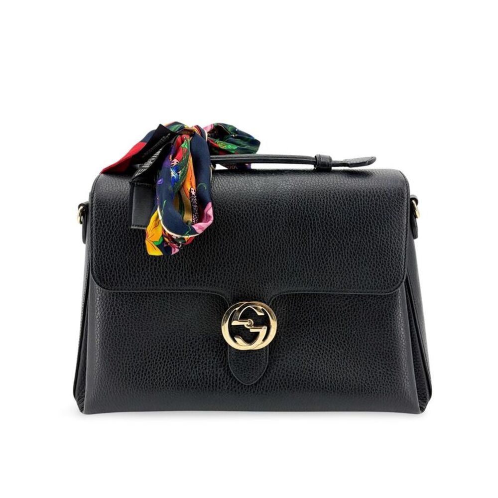 Gucci Interlocking GG Leather Top Handle Shoulder Bag Black Gold Hardware